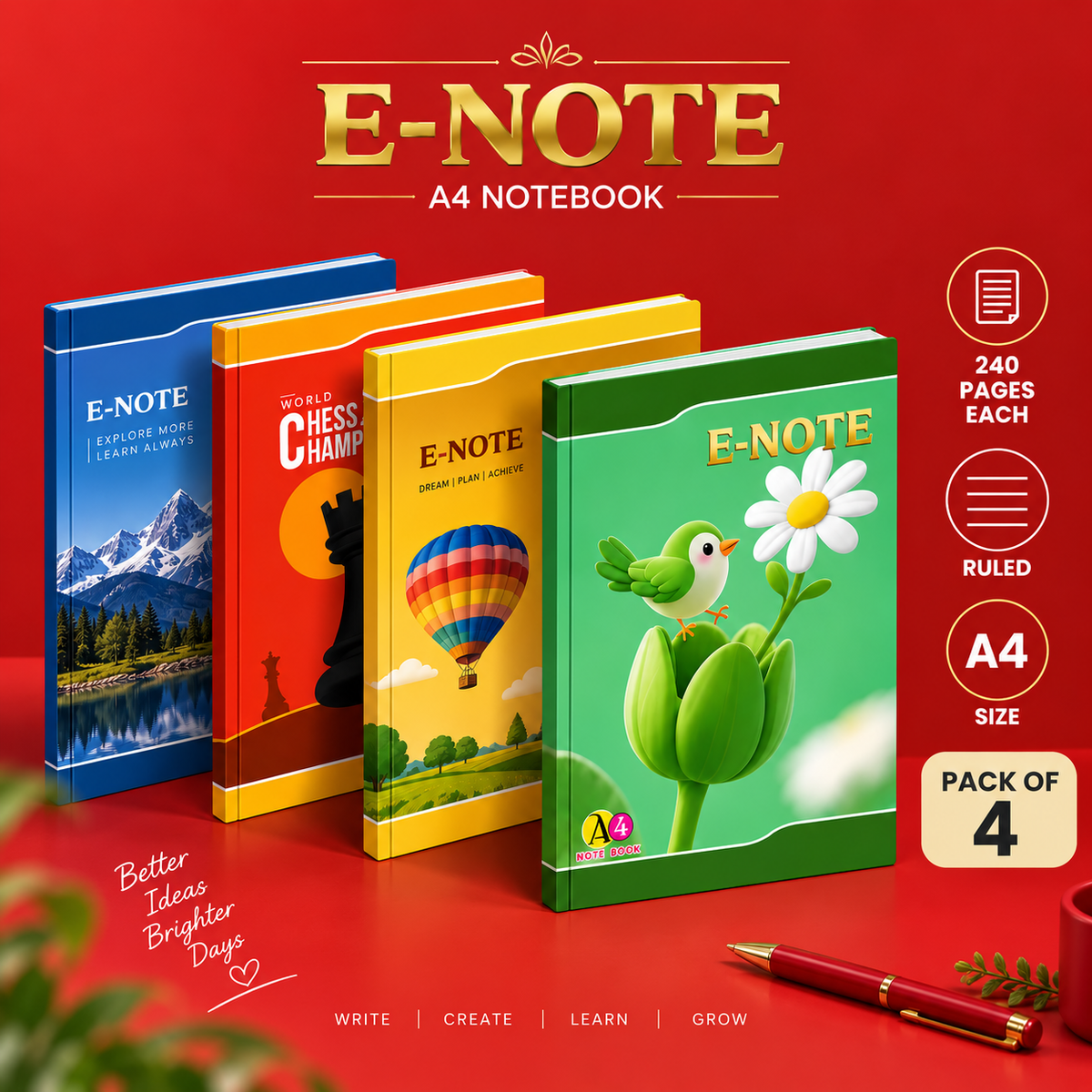 E-NOTE A4 Notebook Pack of 4 — 240 Pages, Single Line Ruled